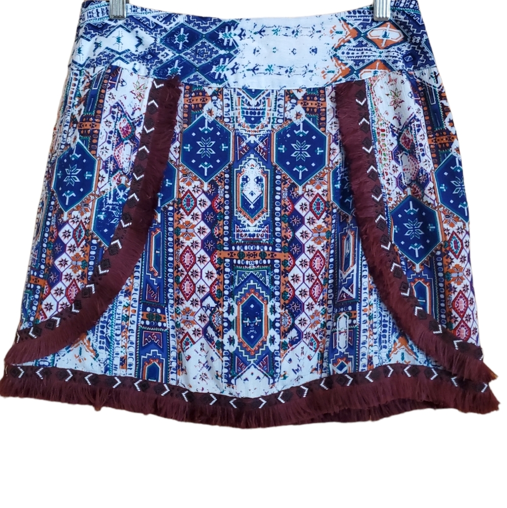 KAS NEW YORK M BURGANDY & BLUE BOHEMIAN TRIBAL MINI WRAP SKIRT